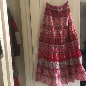 Full length pink red cream patterned boho skirt
